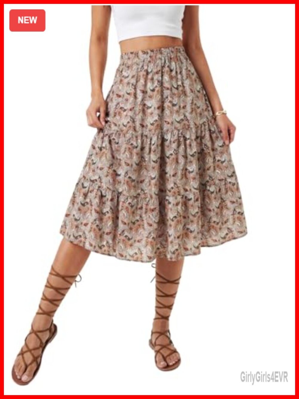 Women's Floral Paisley High Waisted Tiered Ruffle Boho Midi Skirt with Pockets